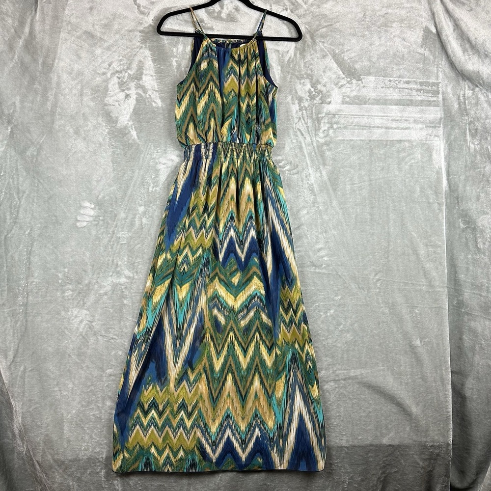 Sweet Storm Maxi Dress Women's M Blue Green Yellow Chevron Print Semi Sheer